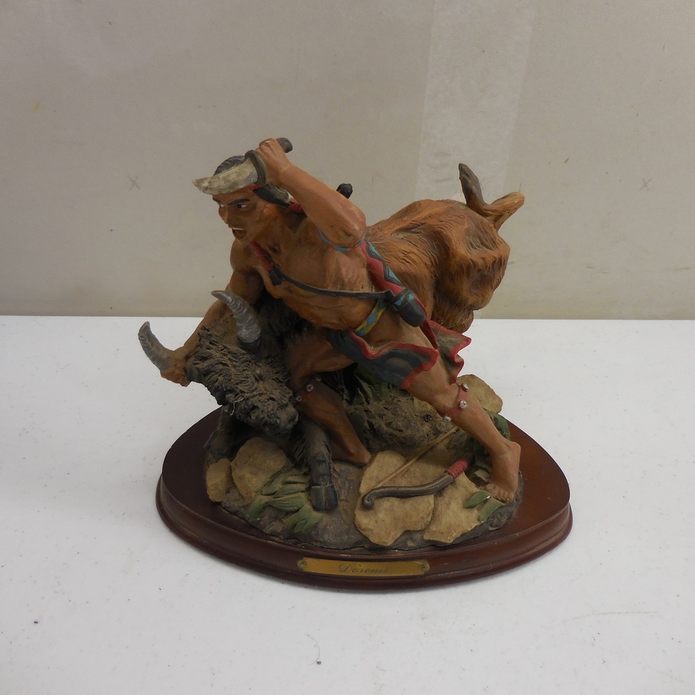 Doremi Native American Hunter Wrestling Buffalo Figurine Wood Base Sculpture